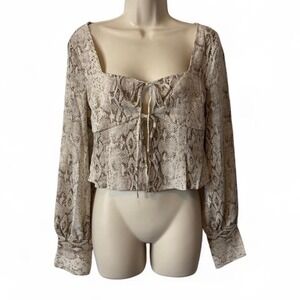 Beige Tie Front‎ Snake Print Crepe Long Sleeve Top